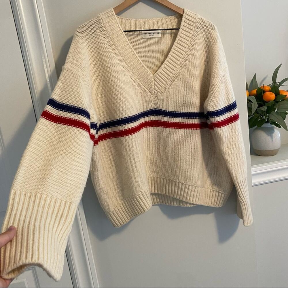 TOMORROWLAND Cream Blue Red Striped Wool V Neck Sweater Small - Picture 13 of 16